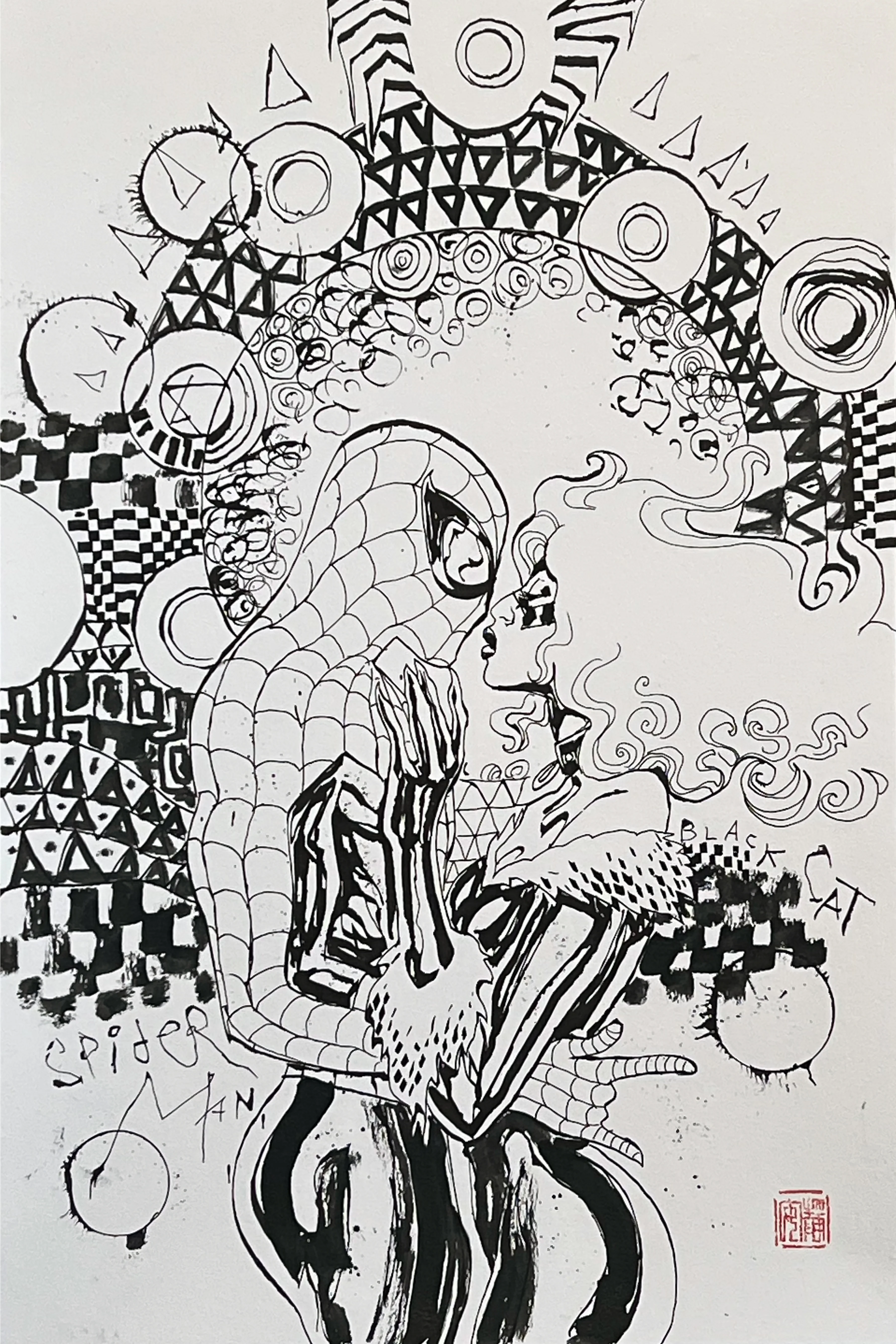 David Mack Original Art 'The Kiss' Spider-Man & Black Cat Brush & Ink