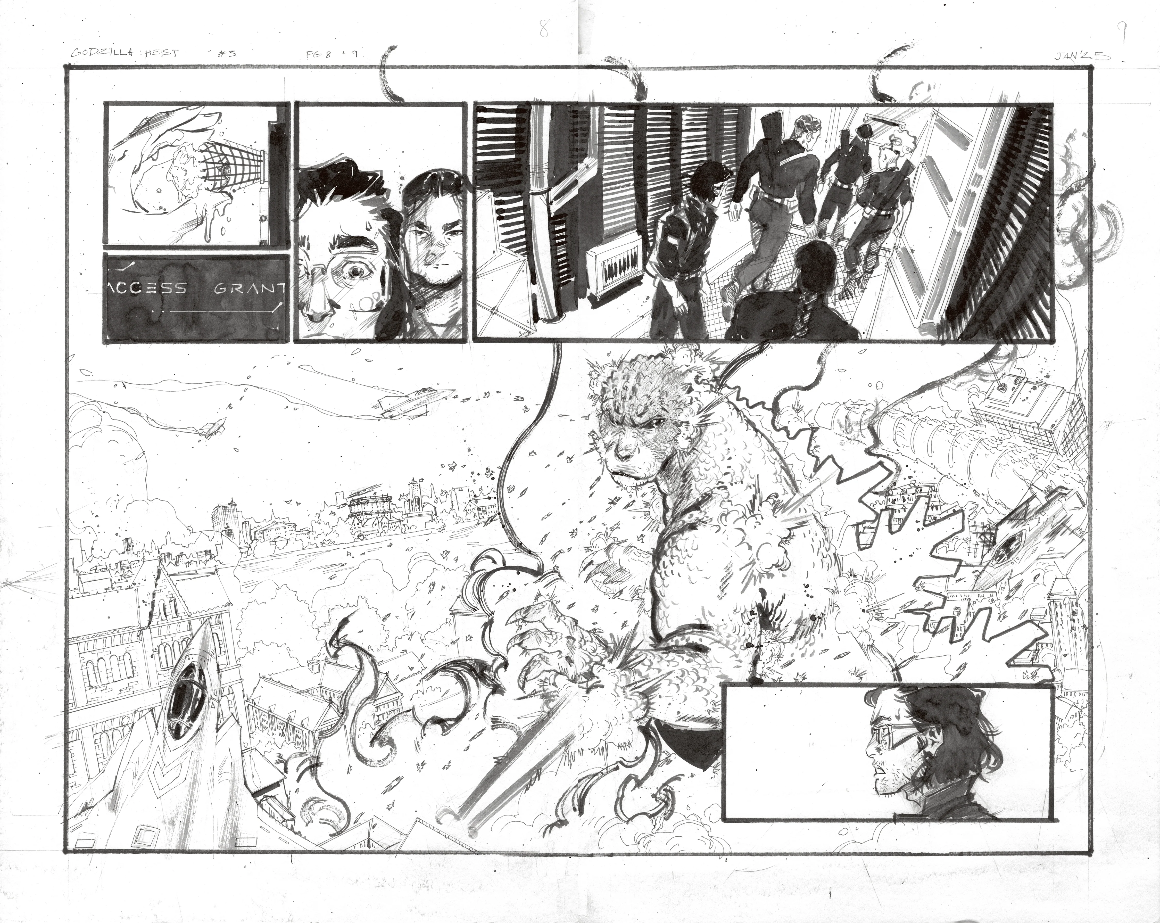 Kelsey Ramsay Original Art Godzilla: Heist #3 Page 8 - 9 Double Page Spread